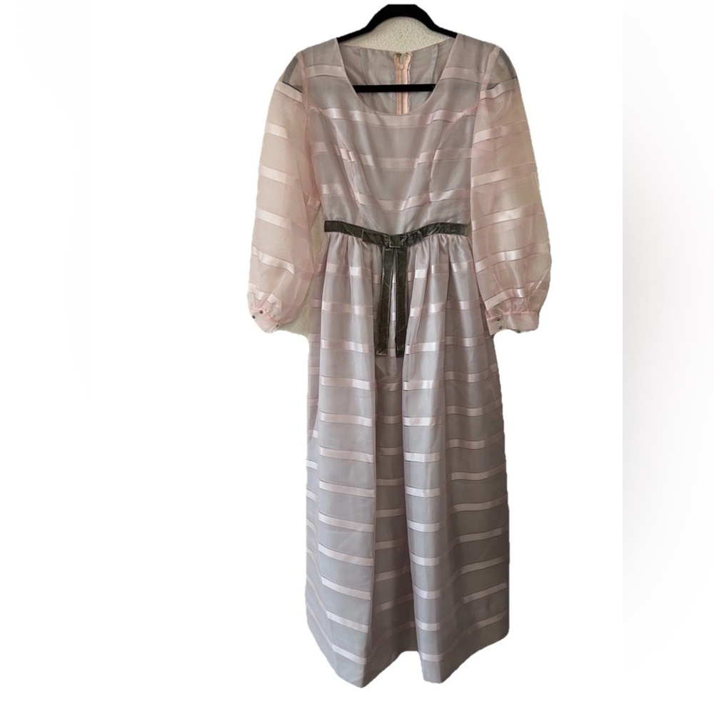 VTG Sheer Pink Organza Maxi Dress Prairie Cottagecore Velvet Bow Small